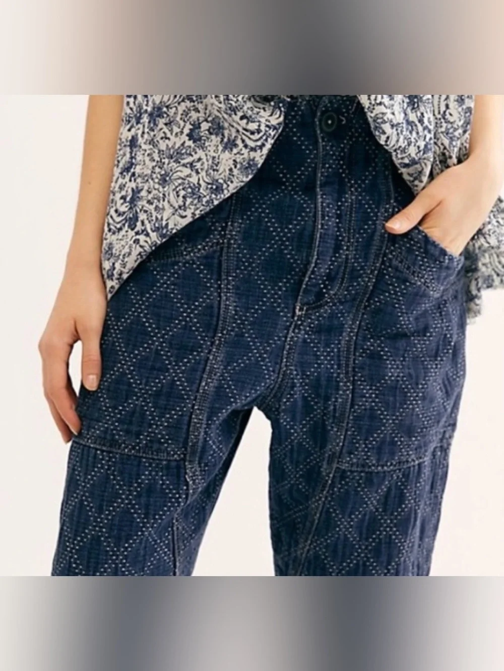 Free People We The Free Denim Quilted Diamond Print Utility Barrel Pants -Size S